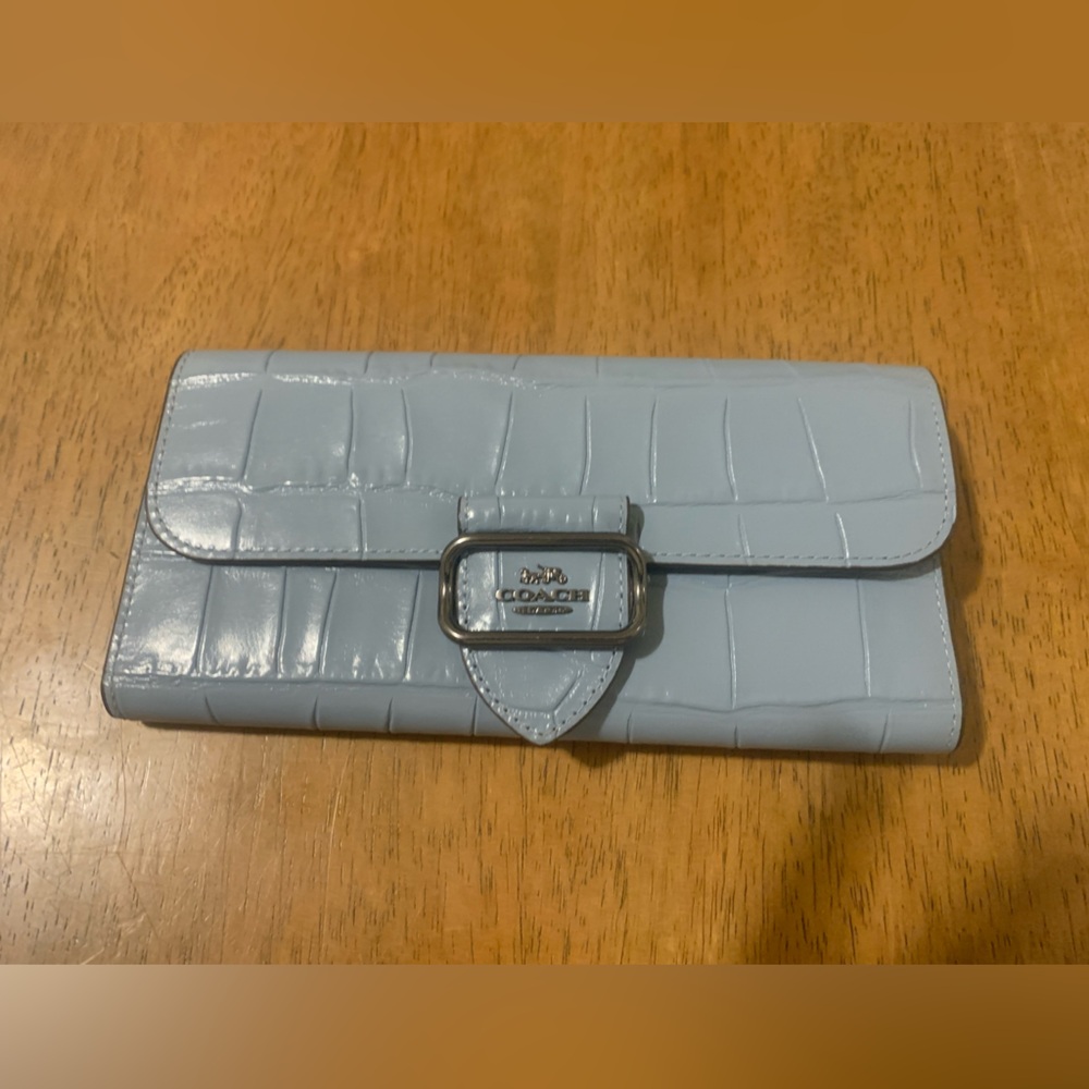 Coach Croc Embossed Light Blue Leather Snappy Flappy  Wallet